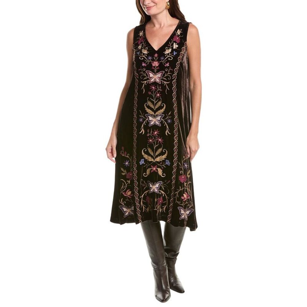 Johnny Was Womens  Velvet V Neck Silk-Blend Tank Dress, Brown
